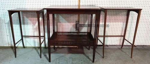 An Edwardian mahogany inlaid two tier side table with fret cut galleried top to undertier on tapering supports 69cm wide x 71cm high and an Edwardian