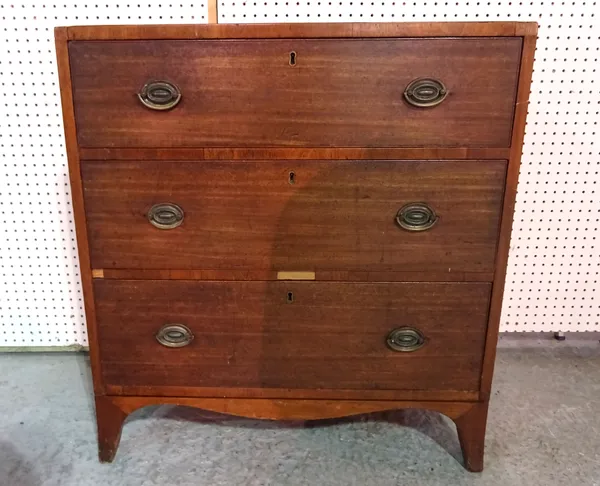 An Edwardian mahogany chest of three long drawers on splayed bracket supports, 79cm wide x 83cm high.   BAY 3