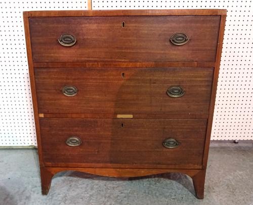 An Edwardian mahogany chest of three long drawers on splayed bracket supports, 79cm wide x 83cm high.   BAY 3