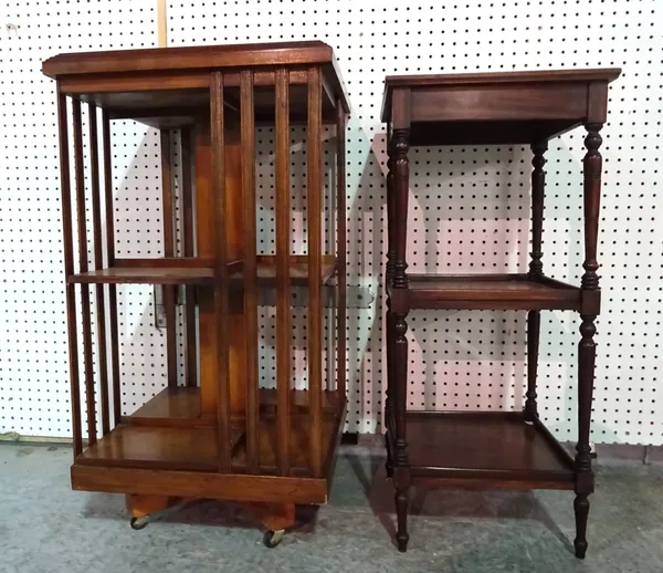 An Edwardian mahogany inlaid revolving bookcase, 45cm wide x 86cm high and  a mahogany three tier what-not, 36cm wide x 81cm high, (2).   D5