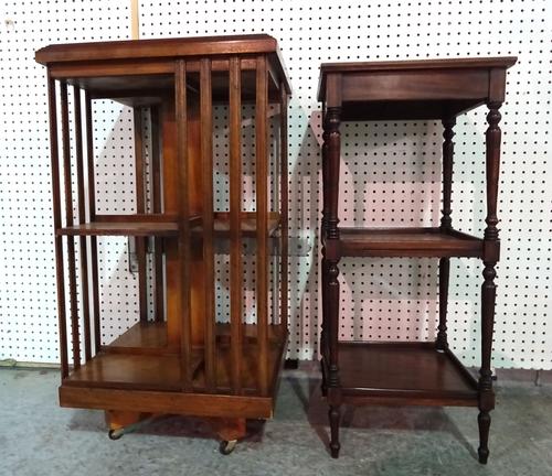 An Edwardian mahogany inlaid revolving bookcase, 45cm wide x 86cm high and  a mahogany three tier what-not, 36cm wide x 81cm high, (2).   D5