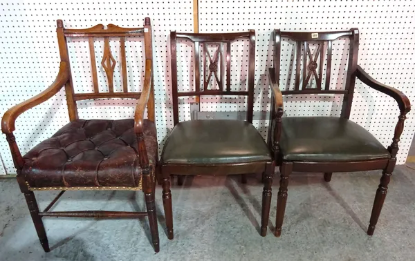 A set of six Regency style mahogany dining chairs on octagonal tapering supports, to include two carvers and another oak open armchair, (7).   BAY 3