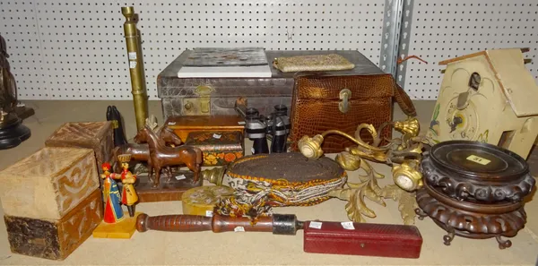 Collectables, including; two Chinese hardwood stands, a leather suitcase, an oval alabaster box and cover with mother-of-pearl inlay, Wolf binoculars,