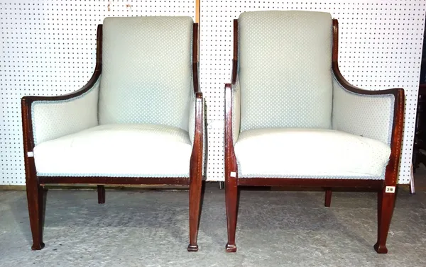 A pair of Regency style mahogany framed armchairs with box strung inlay on tapering square supports, (2).  BAY 3