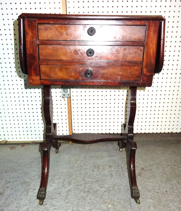 A Victorian rosewood drop flap work table with two drawers on dual supports, 46cm wide x 73cm high.  I4