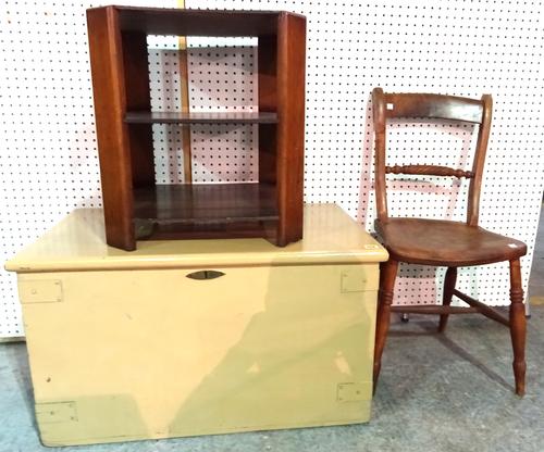 A 20th century brown painted lift top trunk, 80cm wide x 40cm high, an ash scullery chair and a 20th century three tier octagonal table, 45cm wide x 5