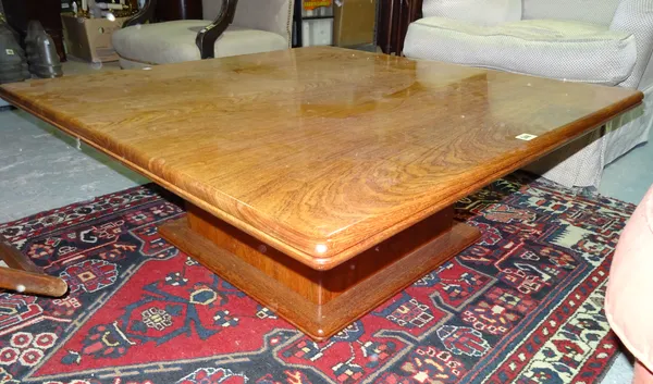 A 20th century hardwood square coffee table on plinth base, 100cm wide x 38cm high.  BAY 1