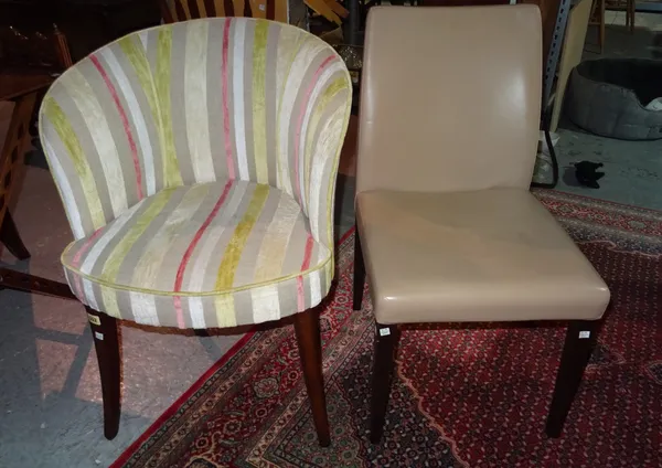 A 20th century hardwood framed tub chair with striped upholstery and a 20th century hardwood dining chair with faux grey leather upholstery (2).   BAY
