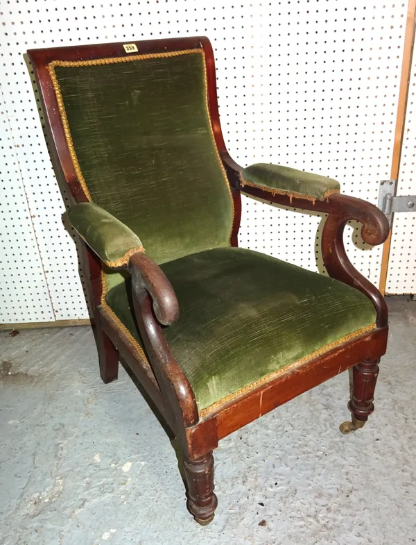 A late Victorian mahogany open armchair with green upholstery.  D9