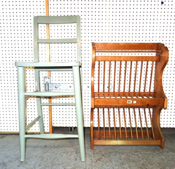 A 20th century pine hanging plate rack together with a grey painted bar stool.  A10