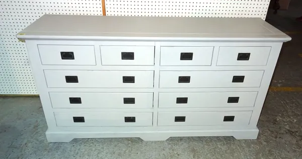 A 20th century grey painted side cabinet with two banks of two short and three long drawers, on bracket feet, 153cm wide x 78cm high x 44cm deep.  C8