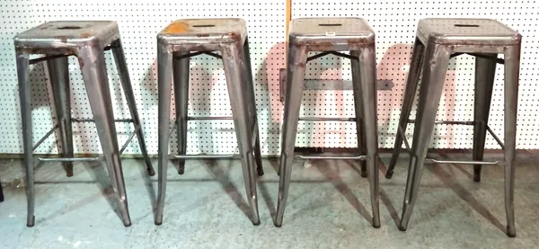 A set of four 20th century metal bar stools on tapering supports, each 76cm tall.  L4