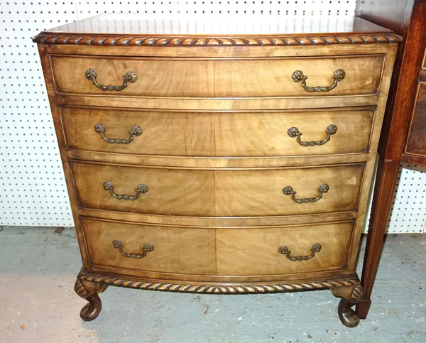 A George III style mahogany bowfront chest of four long graduated drawers on shell capped cabriole supports, 77cm wide.  A7
