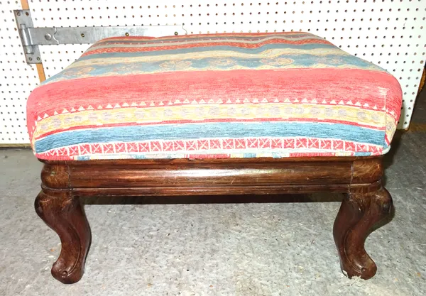 A Victorian rosewood farmed square footstool with Kelim upholstery on cabriole supports.  E4
