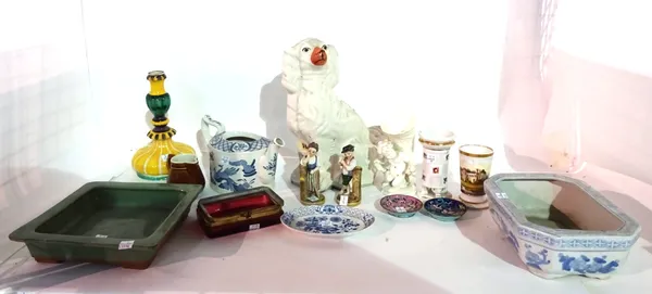 Ceramics, including; a Staffordshire spaniel, a Chinese blue and white hexagonal dish, a green glaze pottery square shallow bowl, a majolica style yel