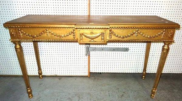 A Louis XVI style gold painted breakfront console table on reeded tapering supports, 143cm wide x 86cm high, (a.f).  A6