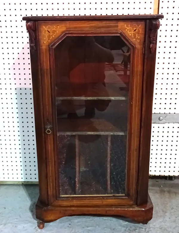An Edwardian rosewood inlaid music cabinet on plinth base, 52cm wide x  89cm high.    G5