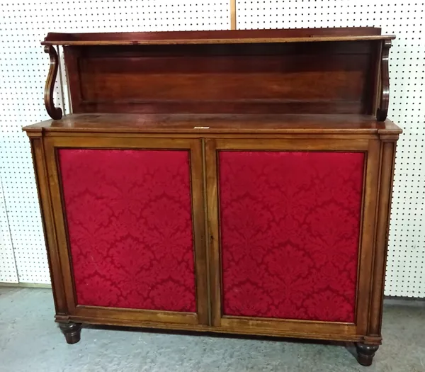 A Regency mahogany ledge back chiffonier, with pair of doors on turned feet, 132cm wide x 128cm high.  G7
