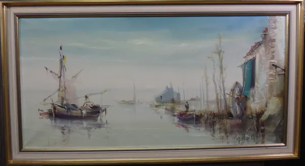 Jorge Aguilar-Agon (b.1936), Harbour scene, oil on canvas, signed, 39cm x 80cm.  J1