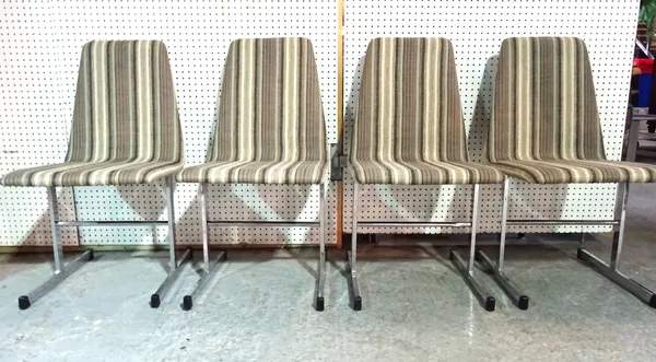 Pieff Worcestershire, England; a set of four chrome framed mid-20th century chairs, with stuff over tapering backs and seat, on rectangular section tu