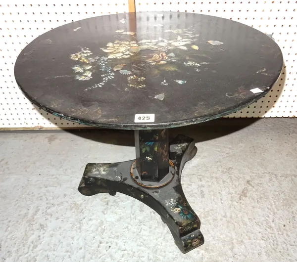 A Victorian inlaid papier mache circular tripod table on trefoil base, 59cm wide x 52cm high and a George III style mahogany rectangular tripod table