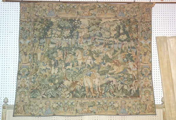 A machine made French tapestry 'La Chasse', with brass hanging pole 153cm wide x 127cm high.  I10