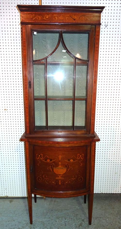 An Edwardian mahogany inlaid display cabinet with cupboard base on tapering square supports, 65cm wide x 185cm high. M7