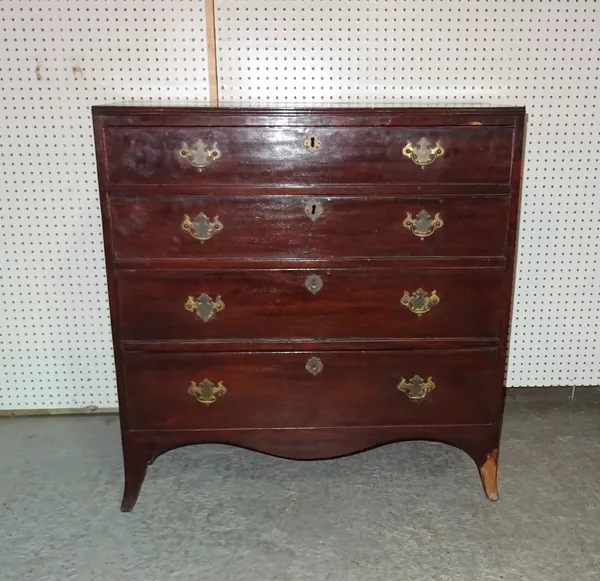 A 19th century mahogany chest with four long graduated drawers on splayed bracket feet, 91cm wide x 95cm high.  C10