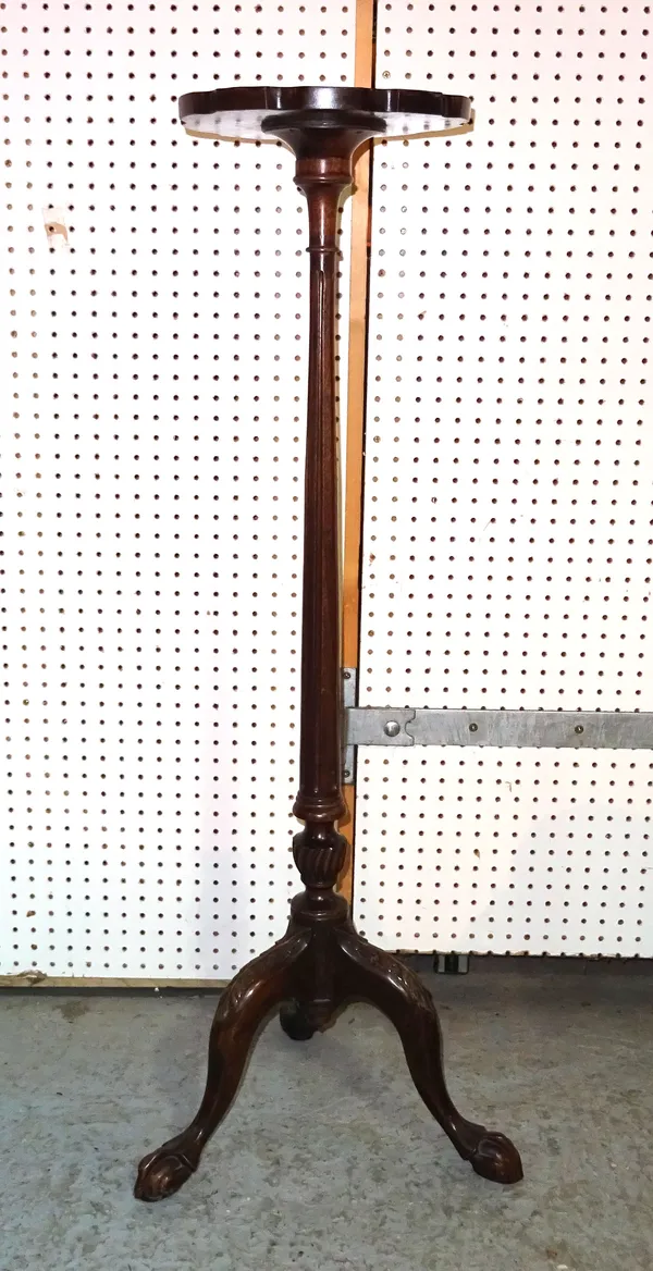 A late George III mahogany tripod table with fluted tapering column on later added ball and claw feet, 29cm wide x 105cm high. G7