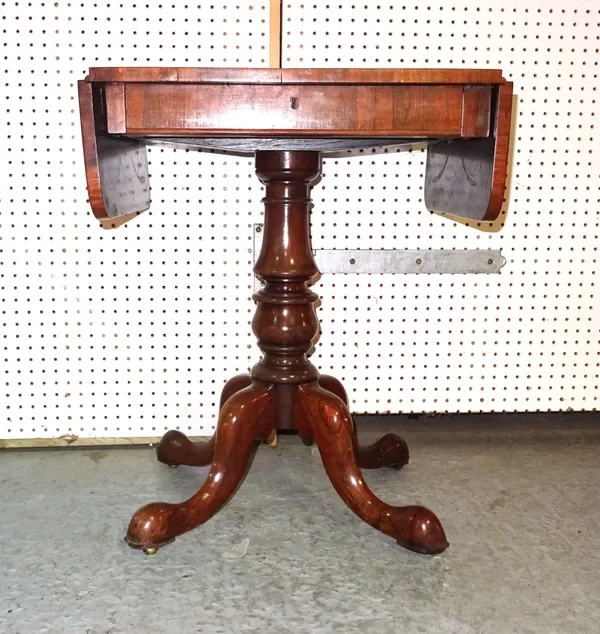 A Victorian rosewood drop flap work table on ring turned column and four downswept supports, 60cm wide x 74cm high and an early 20th century rosewood