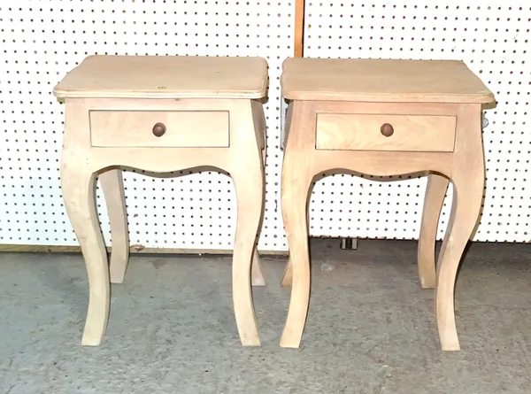 A pair of 20th century pine single drawer bedside tables on cabriole supports, 42cm wide x 60cm high, (2).  C8