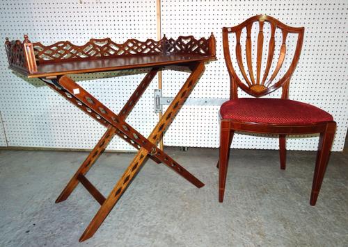 A 20th century mahogany fret cut butler's tray on stand, 83cm wide x 75cm high and a 20th century mahogany shield back dining chair, (2).  BAY 3