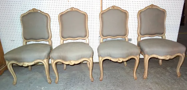 A set of four Louis XVI style white painted dining chairs with grey upholstery, (4).  I7