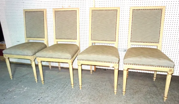 A set of four Regency style white painted dining chairs on fluted tapering supports, (4).  H8