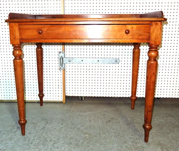 A 19th century mahogany single drawer side table on ring turned supports, 93cm wide x 80cm high.  F9