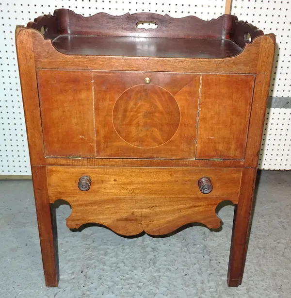 A George III mahogany nightstand with galleried top, 60cm wide x 79cm high, (a.f), a 19th century mahogany two tier nightstand, and another 36cm wide
