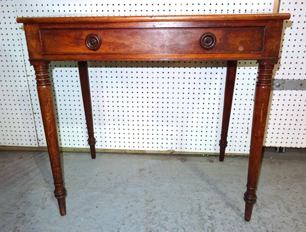 A 19th century mahogany single drawer side table on ring turned tapering supports, 76cm wide x 73cm high,  H7