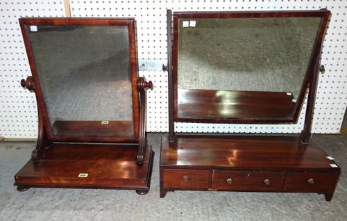 A 19th century mahogany dressing table mirror with three drawers to base, 61cm wide x 64cm high and another on pad feet, 49cm wide x 62cm high, (2).