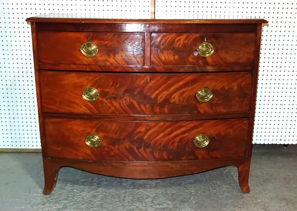 A 19th century mahogany bowfront chest of two short and two long drawers on downswept supports, 105cm wide x 85cm high.   B10