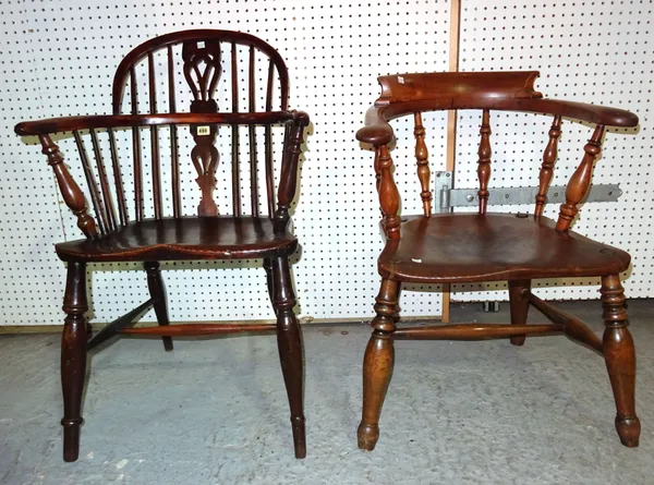 A 19th century ash and elm stick back open armchair and a captains chair, (2). BAY 2