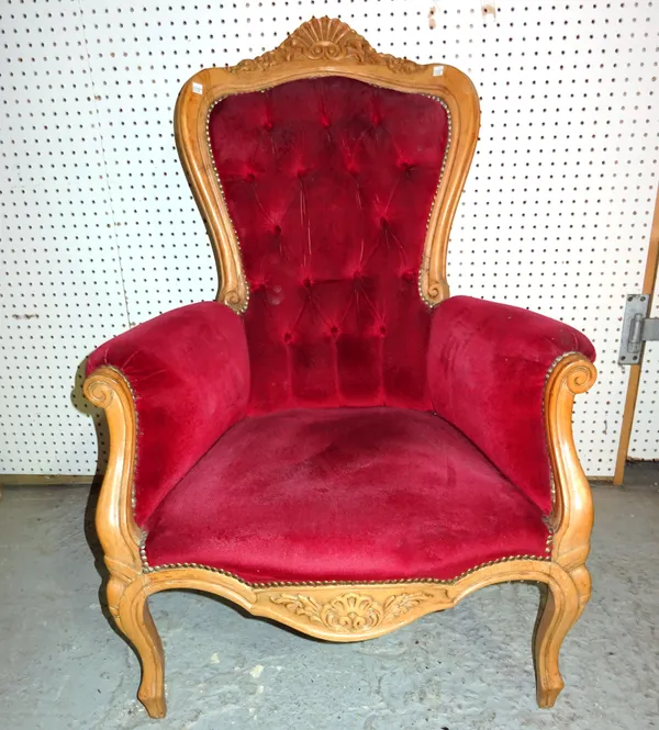 A Louis XVI syle beech fauteuil with red button back upholstery.  D7
