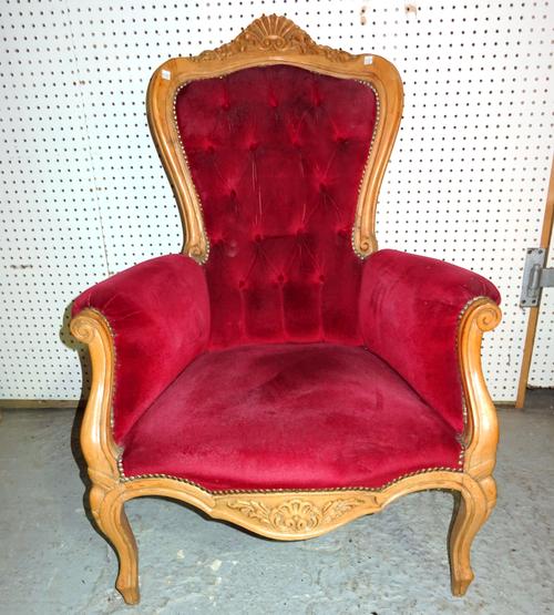 A Louis XVI syle beech fauteuil with red button back upholstery.  D7