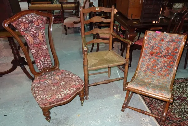 A stained beech prie dieu, a Victorian slipper back rocking chair and a 19th century ash open armchair (3)  B4