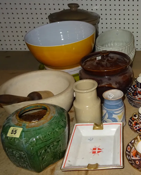 Ceramics, including; a Chinese green glass hexagonal panel vase, a white porcelain jardiniere marble pestle and mortar, a grey glazed bread bin and su