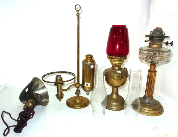 A quantity of assorted Victorian oil lamps and various glass shades.  S4M