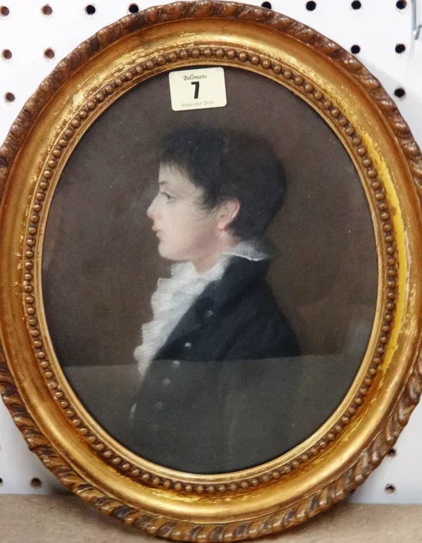 English School (early 19th century), Profile portrait of Edward Henry Leveson (1796-1849) as a boy, pastel, oval, 25cm x 19cm.  M1