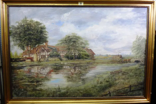 A. W. Green (20th century), Cottage by a river, oil on board, signed and dated 1976, 60cm x 90cm.; together with a watercolour wooded scene by another