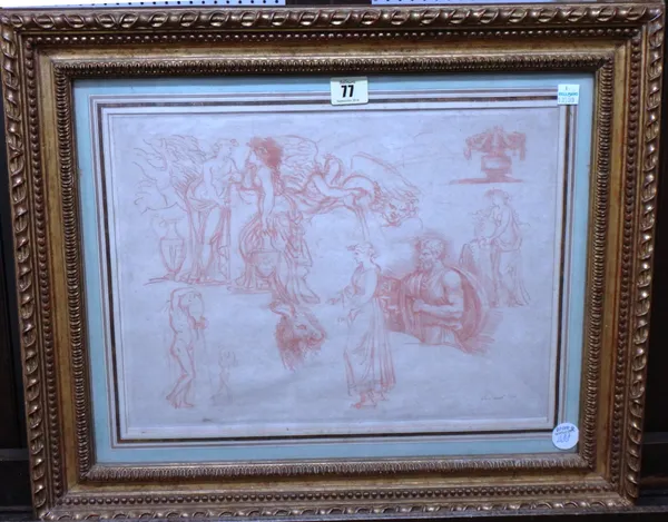 French School, A print of a 17th century sanguine chalk drawing of a Classical scene, 27cm x 37.5cm.  J1