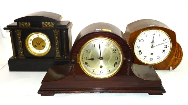A group of three early 20th century mantel clocks, including an 8 day slate cased example, (3).   S2M