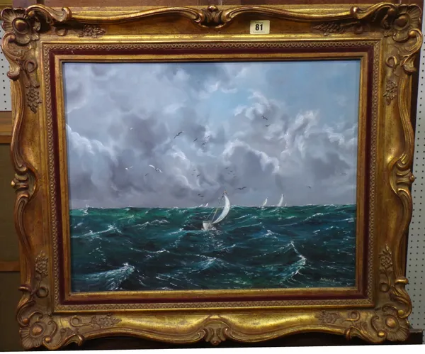 Henri del Tombe (20th century), Sailing boats in heavy seas, oil on canvas, signed, 38cm x 48cm.  J1